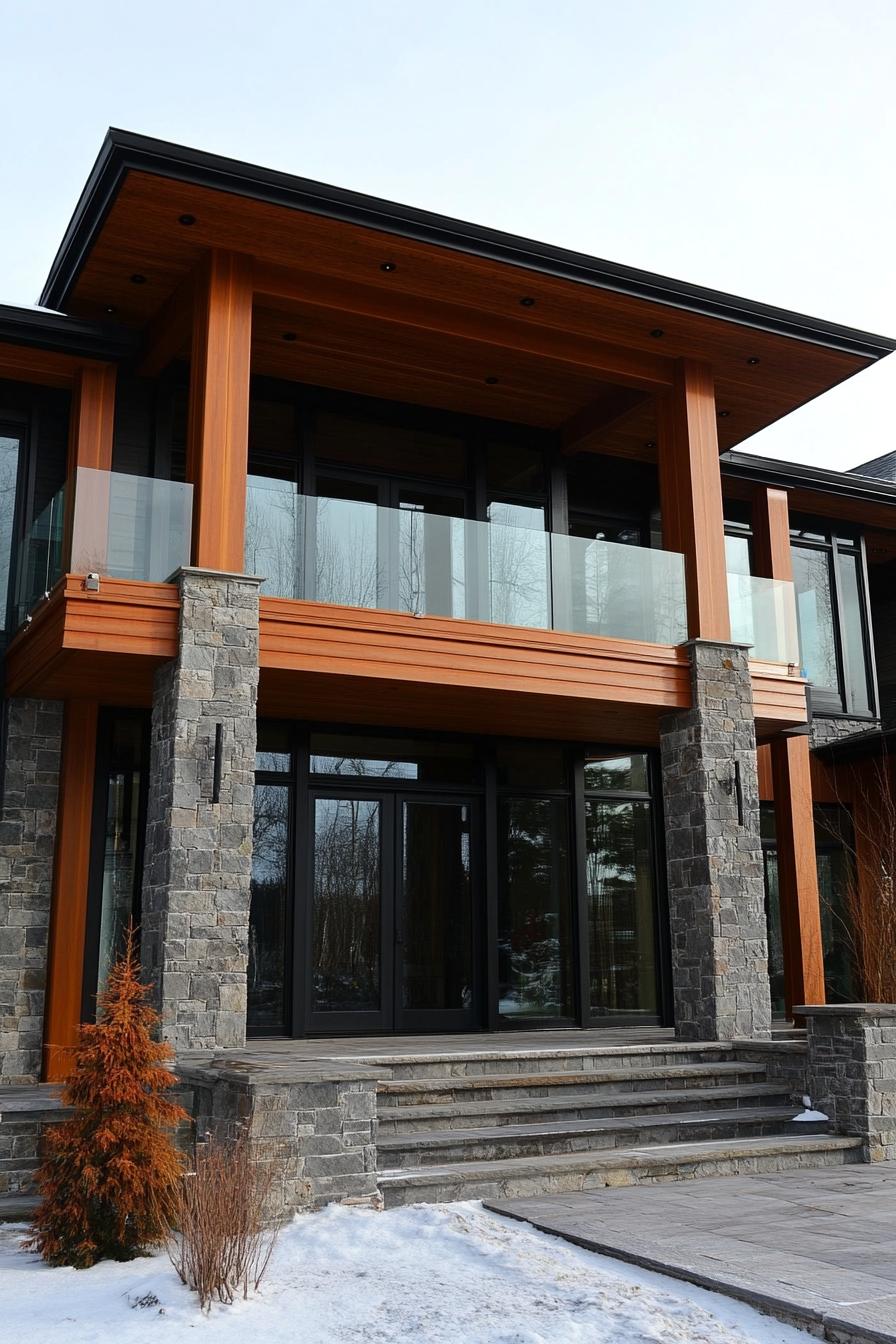 modern timber frame house facade with stone pillars and glass balustrades