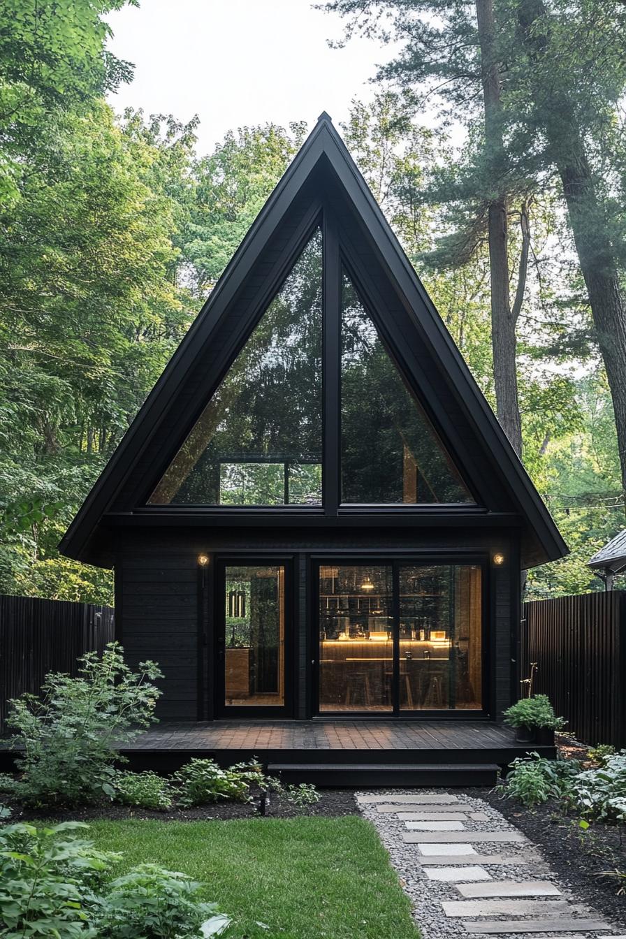 modern tiny a frame cabin with black roof and siding full wall glass window multi pitched roof black wooden fence in front lush forest in the 1