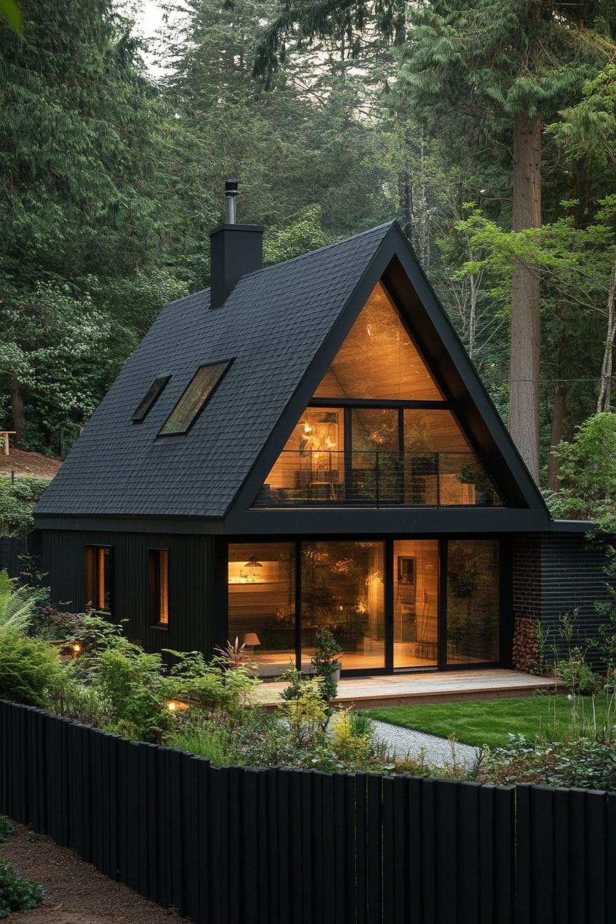 modern tiny a frame cabin with black roof and siding full wall glass window multi pitched roof black wooden fence in front lush forest in the 2