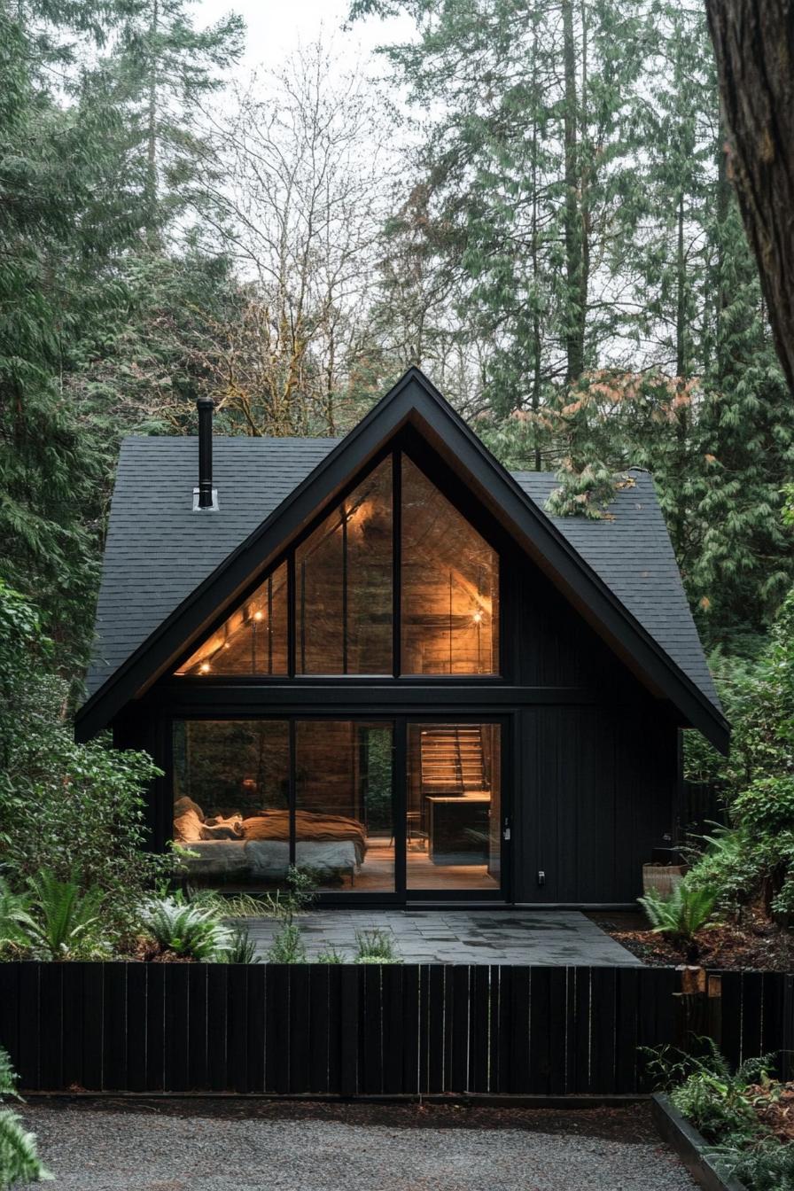 modern tiny a frame cabin with black roof and siding full wall glass window multi pitched roof black wooden fence in front lush forest in the