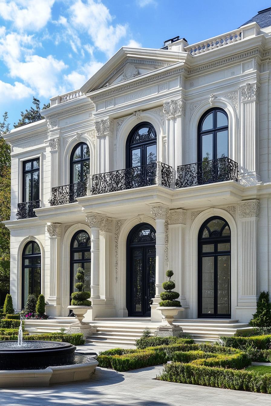 modern white french mansions with ornate marble facade with balconies front yard with shrubs and center fountain