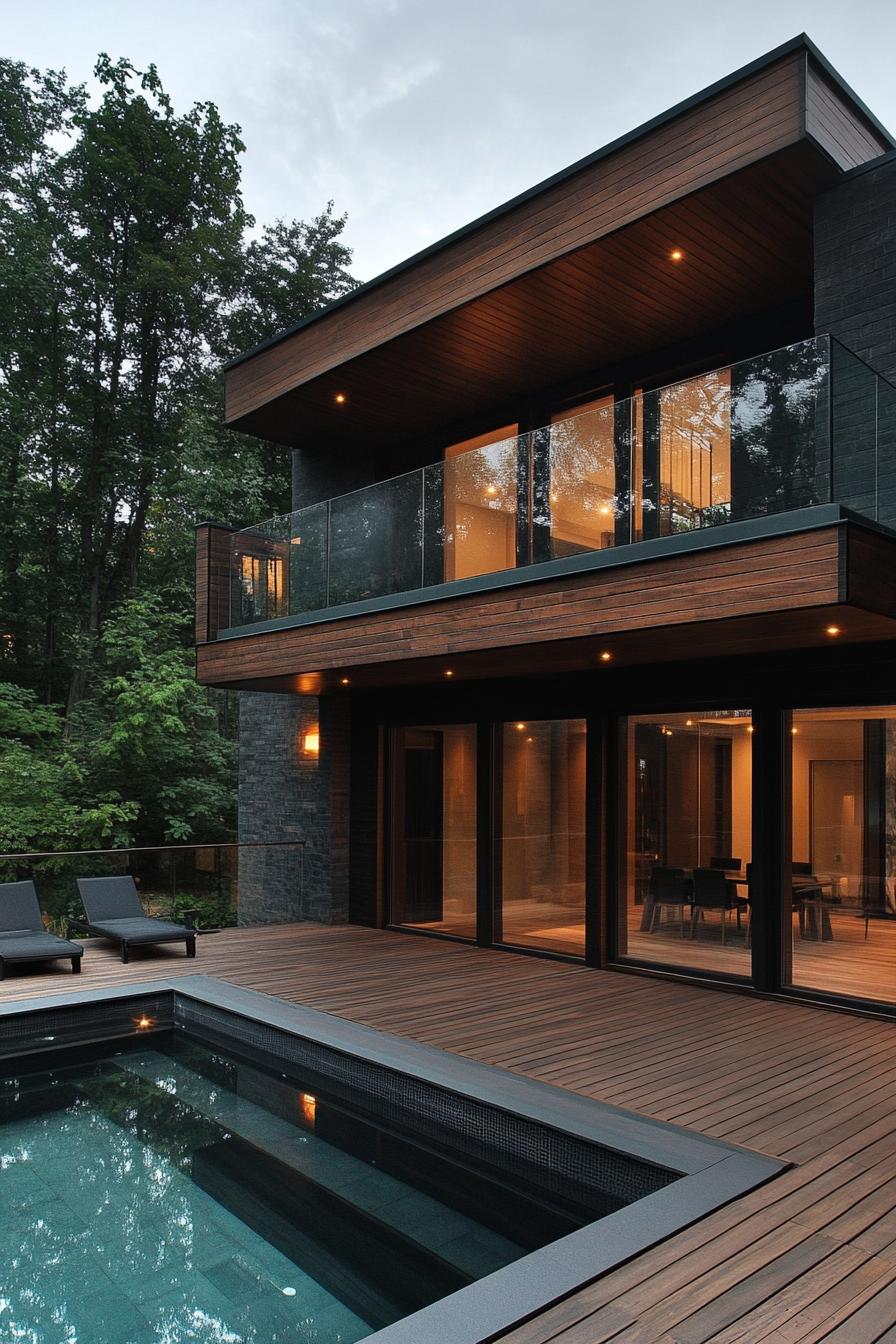 modern wood house dark stained timber facade with glass railings wooden deck leading to a small pool 1