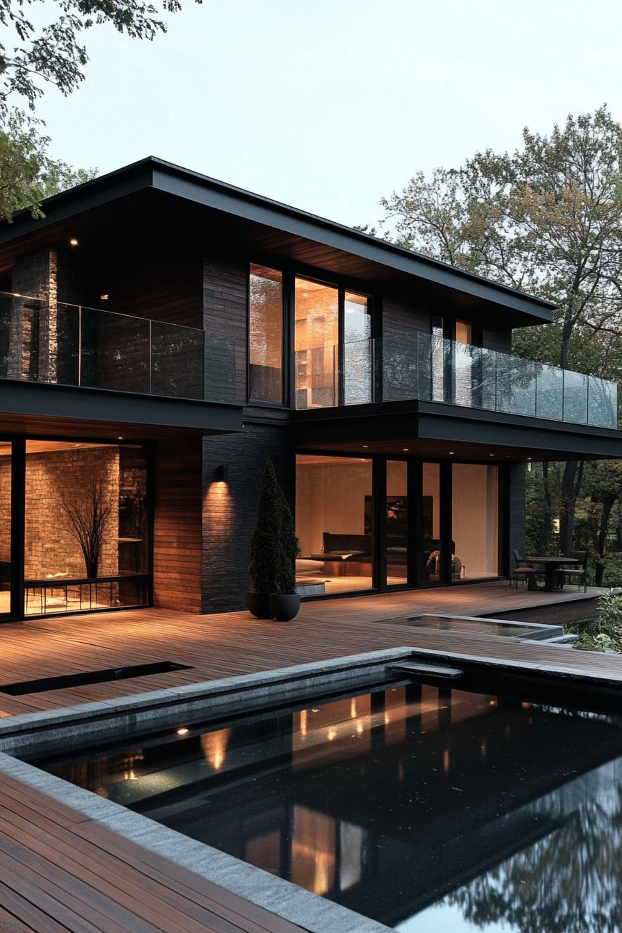 modern wood house dark stained timber facade with glass railings wooden deck leading to a small pool 2