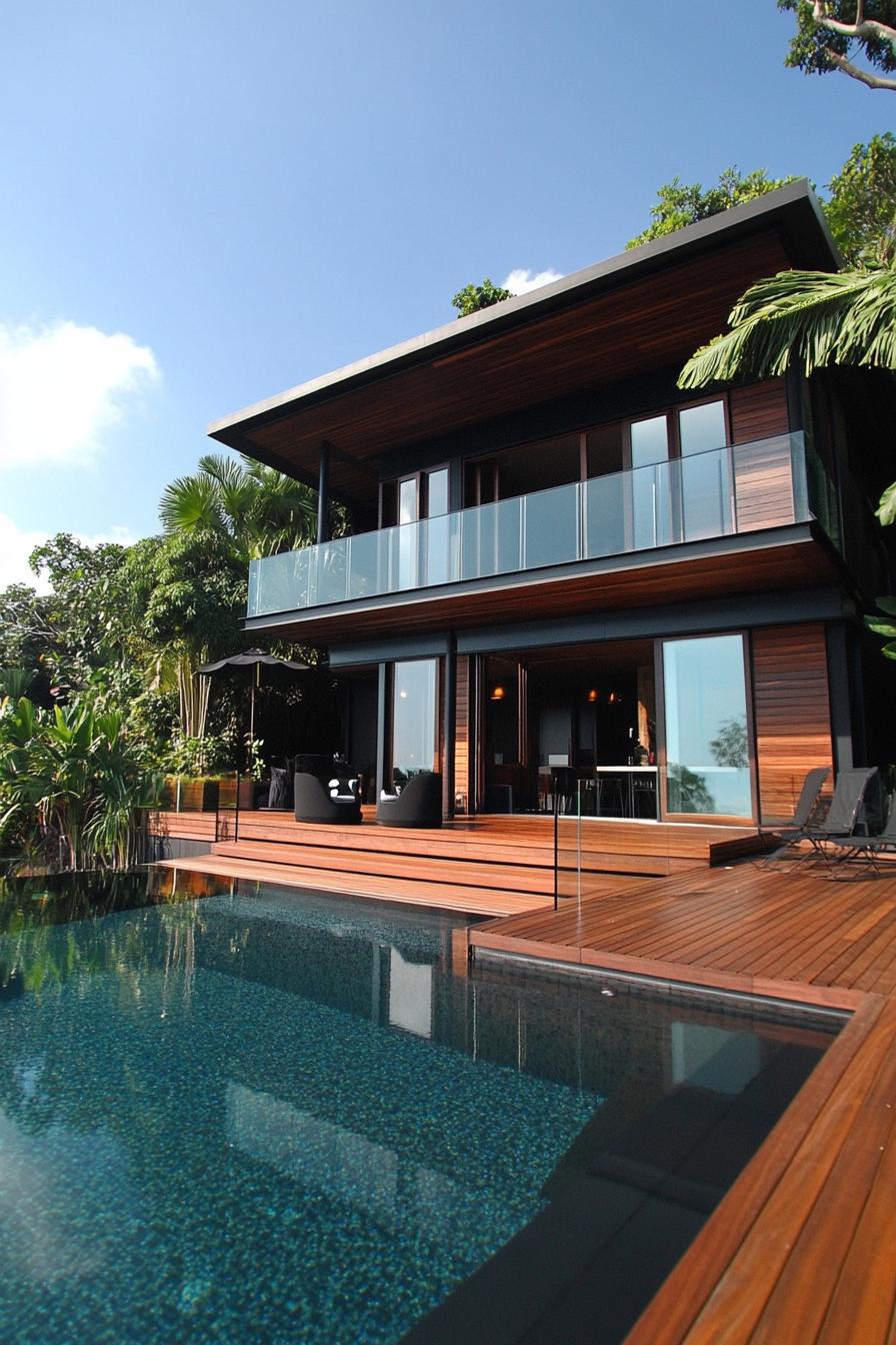 modern wood house dark stained timber facade with glass railings wooden deck leading to a small pool 3