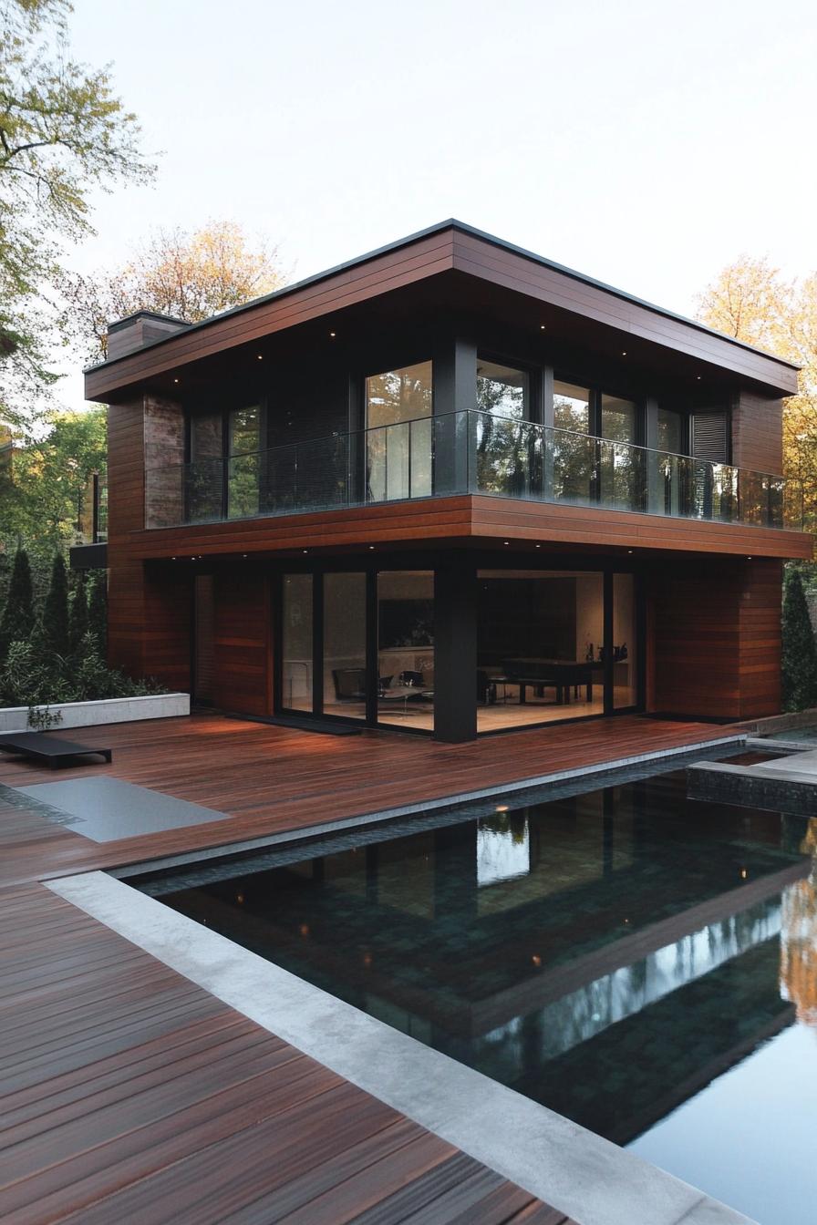 modern wood house dark stained timber facade with glass railings wooden deck leading to a small pool