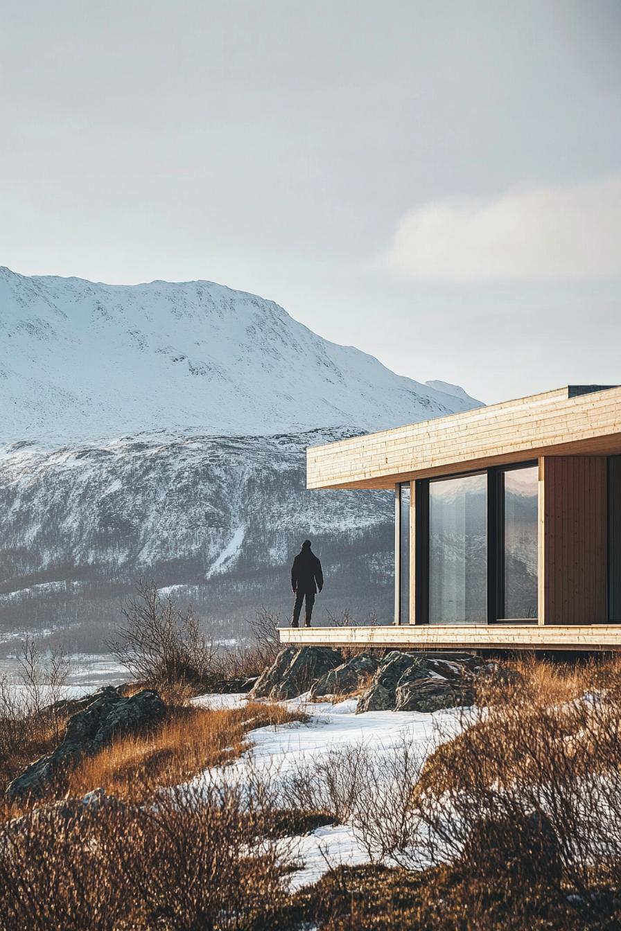 mountain house with imposing Scandinavian mountains in the background