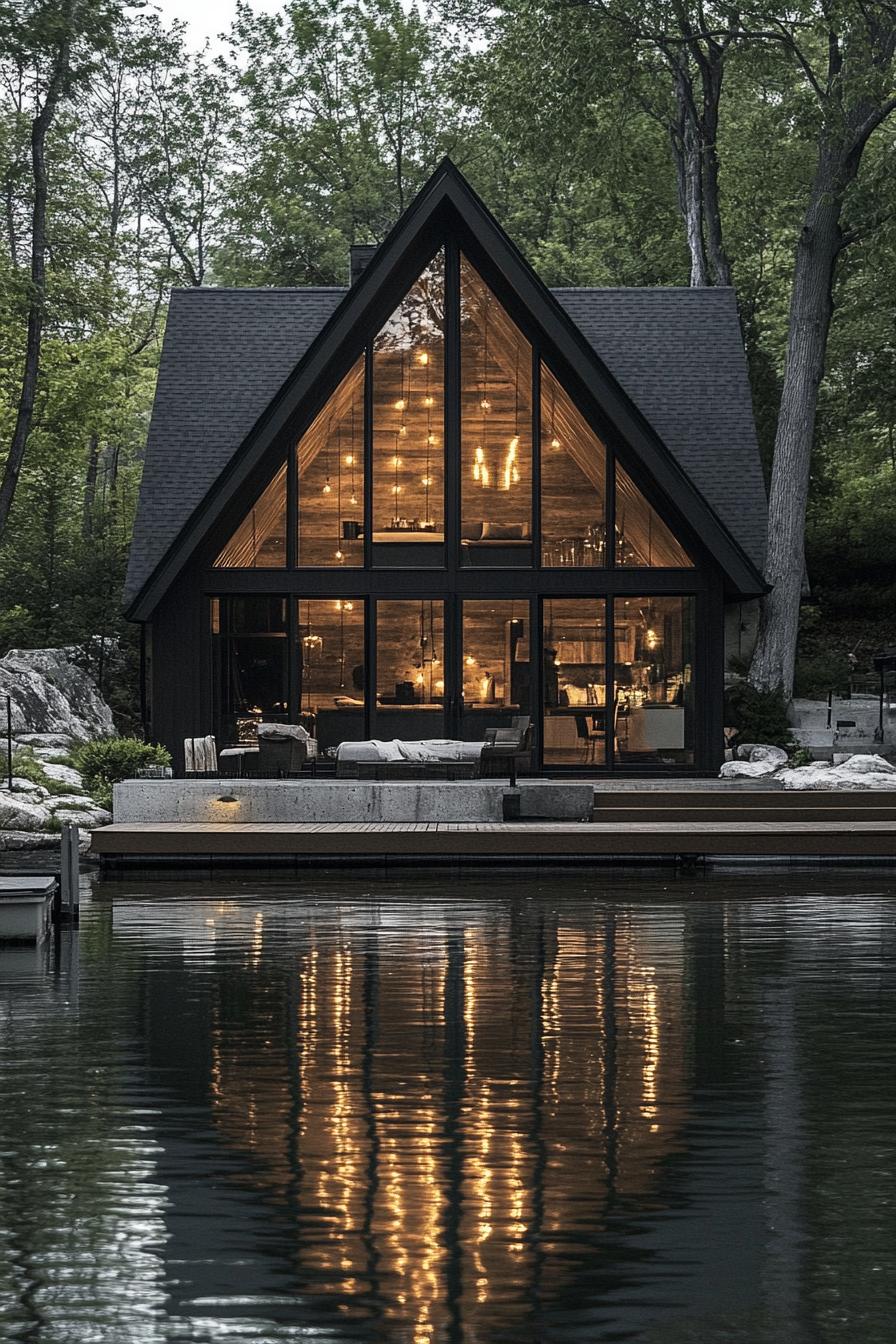 rustic modern lake house A frame facade with large windows lake dock 1