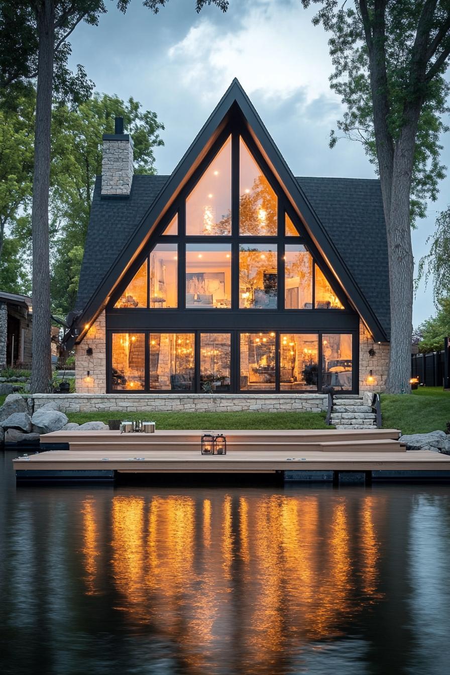 rustic modern lake house A frame facade with large windows lake dock 2