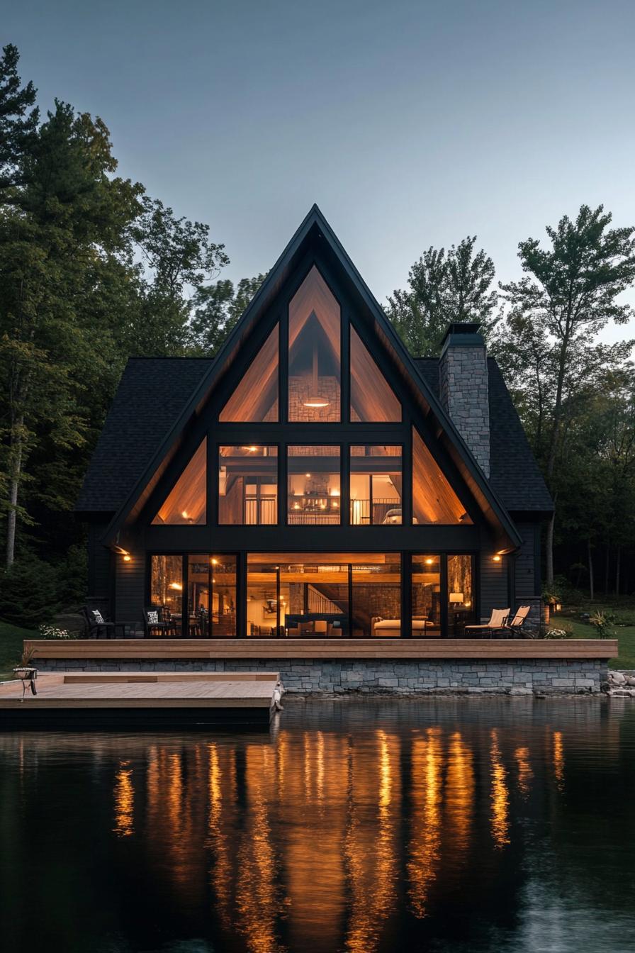 rustic modern lake house A frame facade with large windows lake dock 3