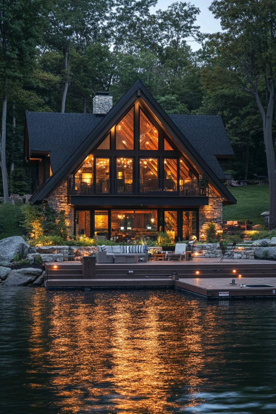 rustic modern lake house A frame facade with large windows lake dock