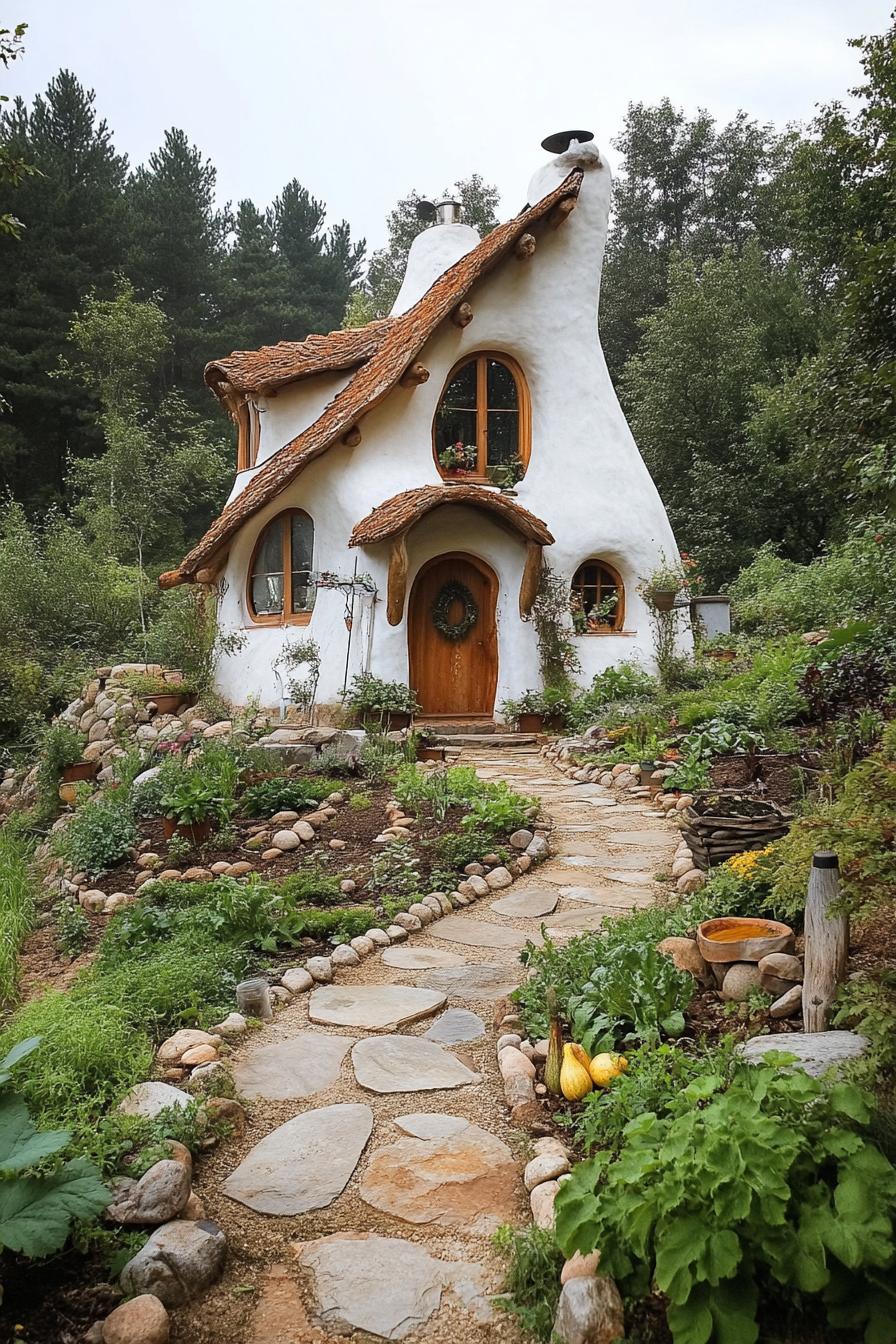 small cob house whimsical exterior with veggie garden and stone paths in a mountain forest clearing 1