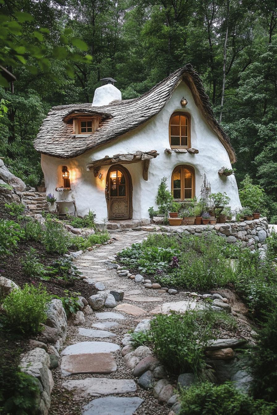 small cob house whimsical exterior with veggie garden and stone paths in a mountain forest clearing 2