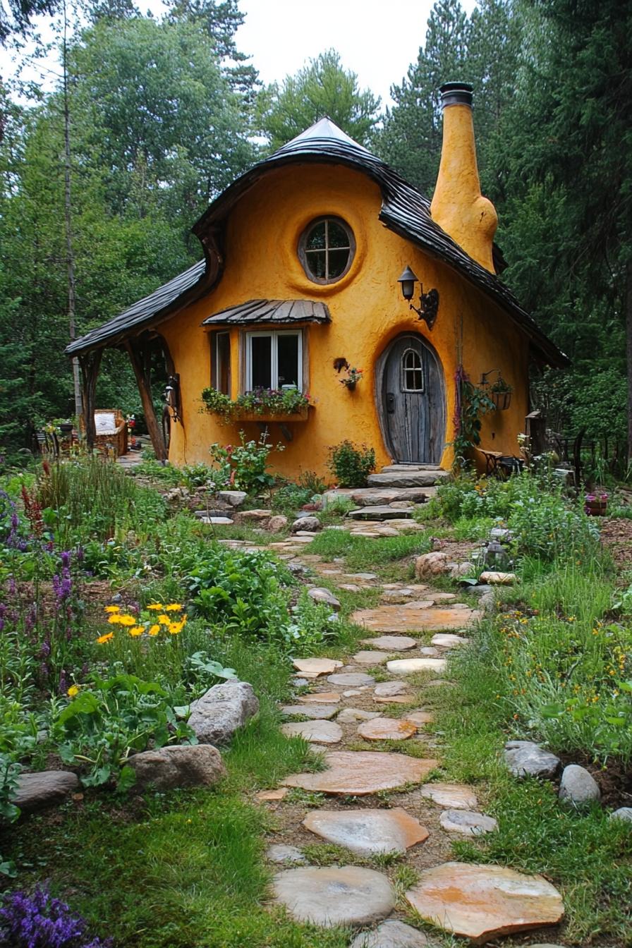 small cob house whimsical exterior with veggie garden and stone paths in a mountain forest clearing 3