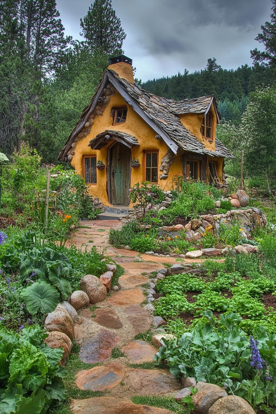 small cob house whimsical exterior with veggie garden and stone paths in a mountain forest clearing