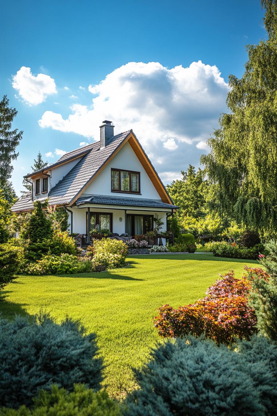 small moder cottage house with gambrels lawn with shrubs 1