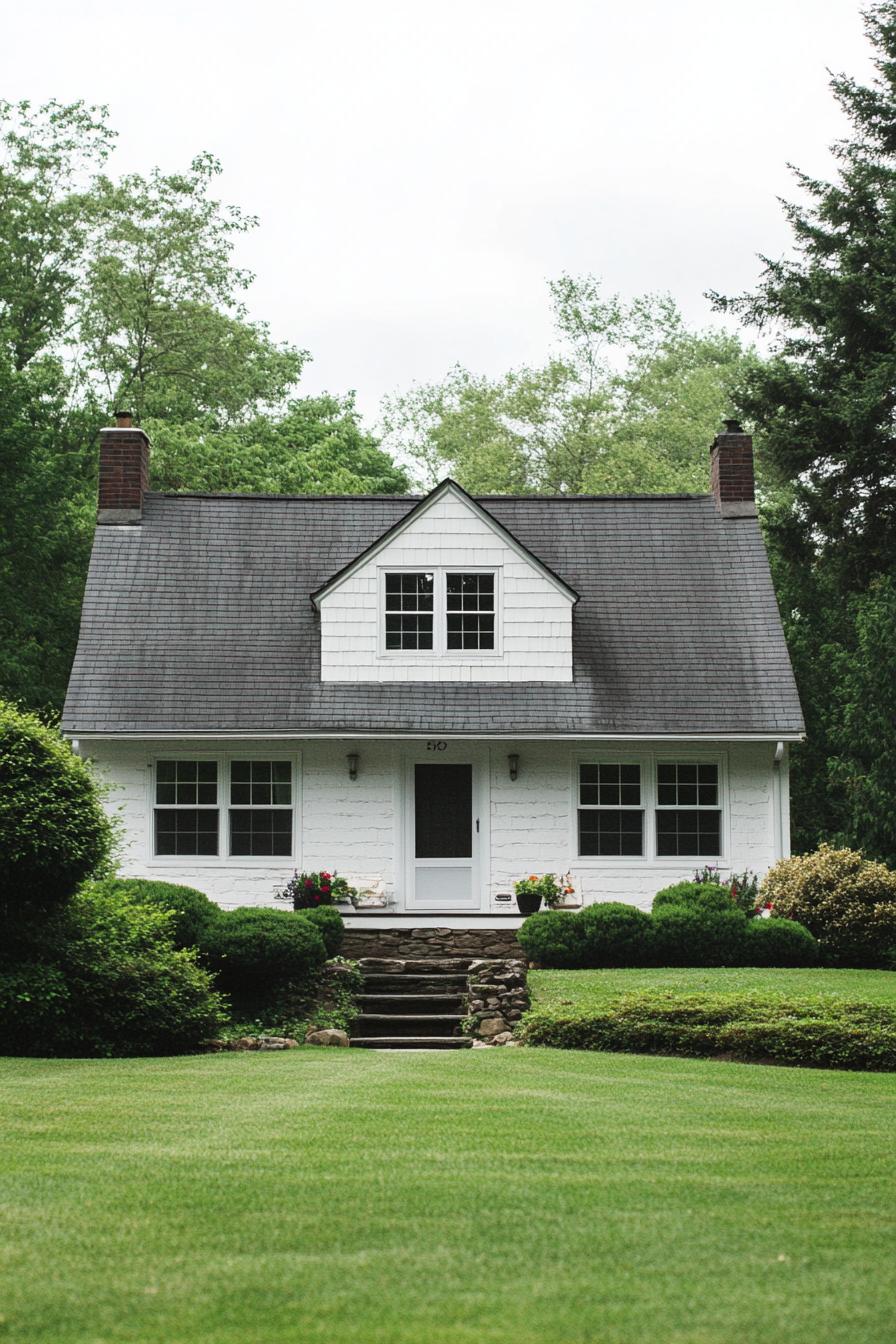 small moder cottage house with gambrels lawn with shrubs