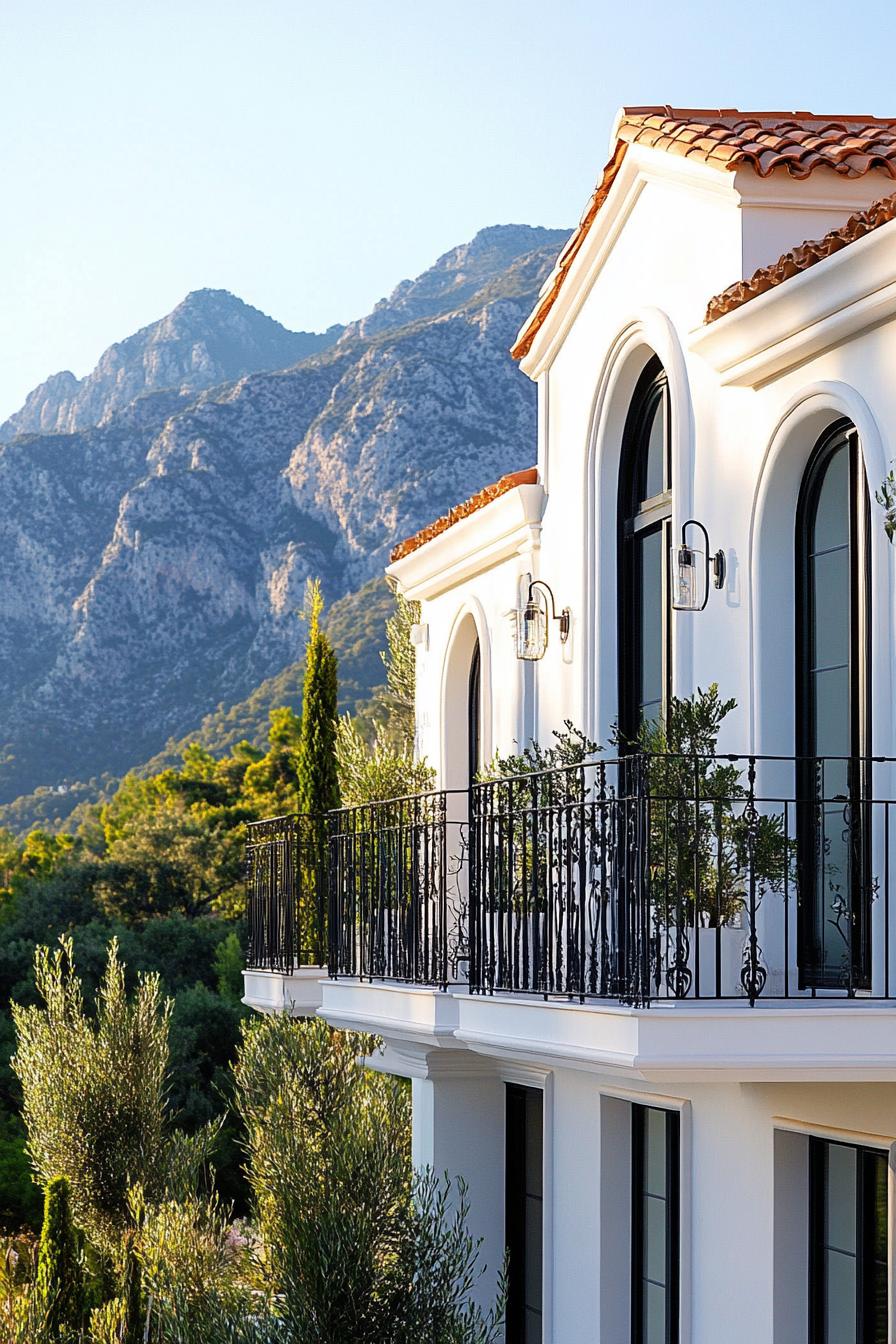 small modern mediterranean house facade with iron balconies mountian view 1