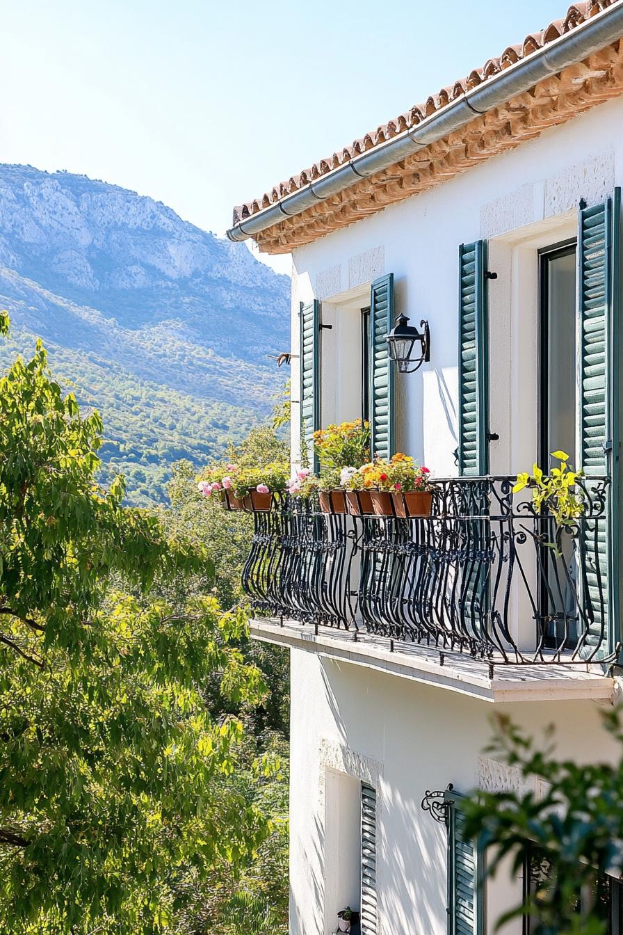 small modern mediterranean house facade with iron balconies mountian view 2