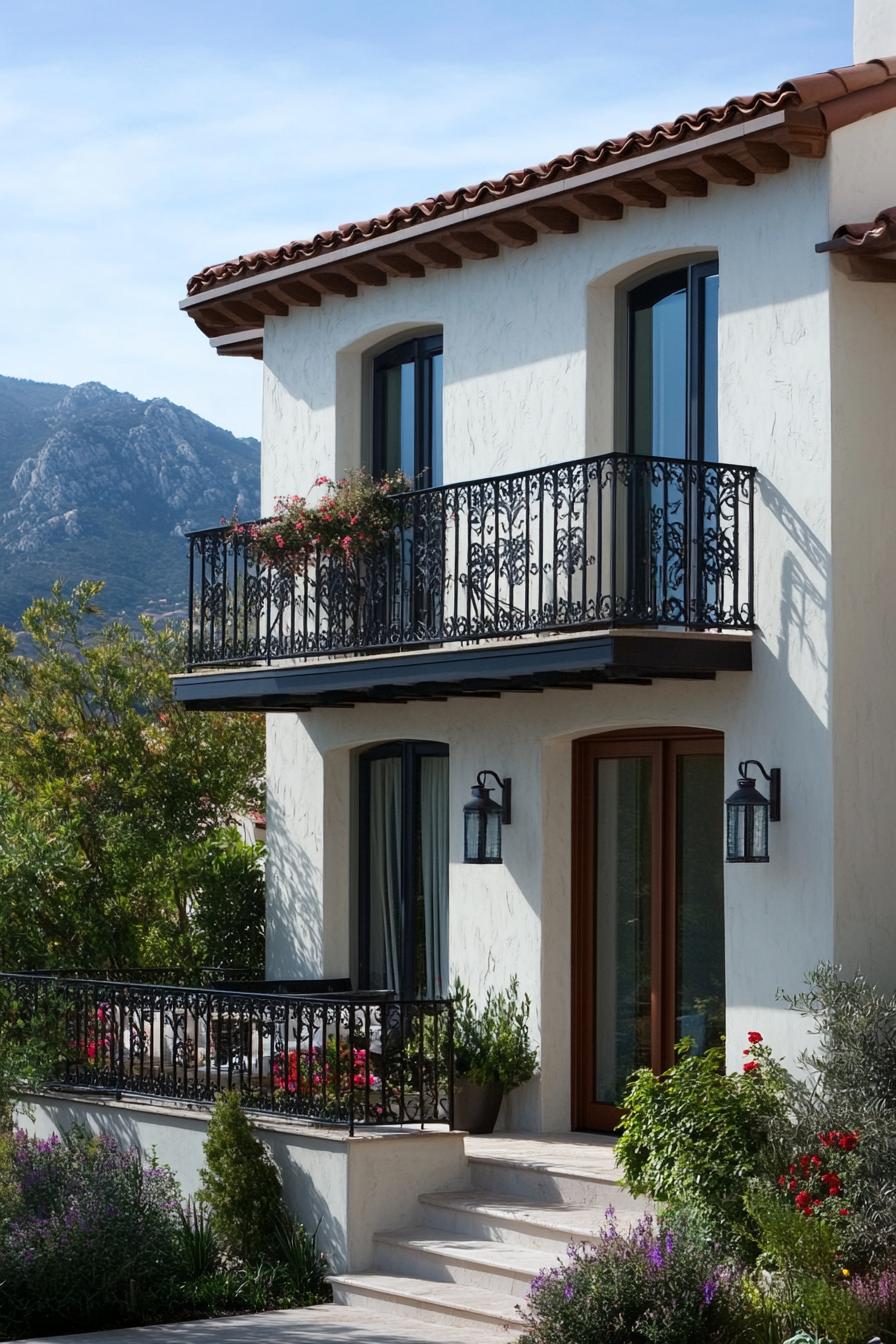 small modern mediterranean house facade with iron balconies mountian view 3