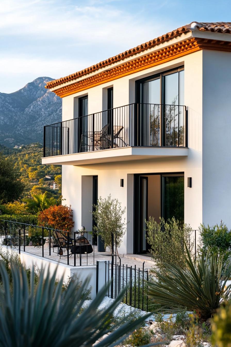 small modern mediterranean house facade with iron balconies mountian view