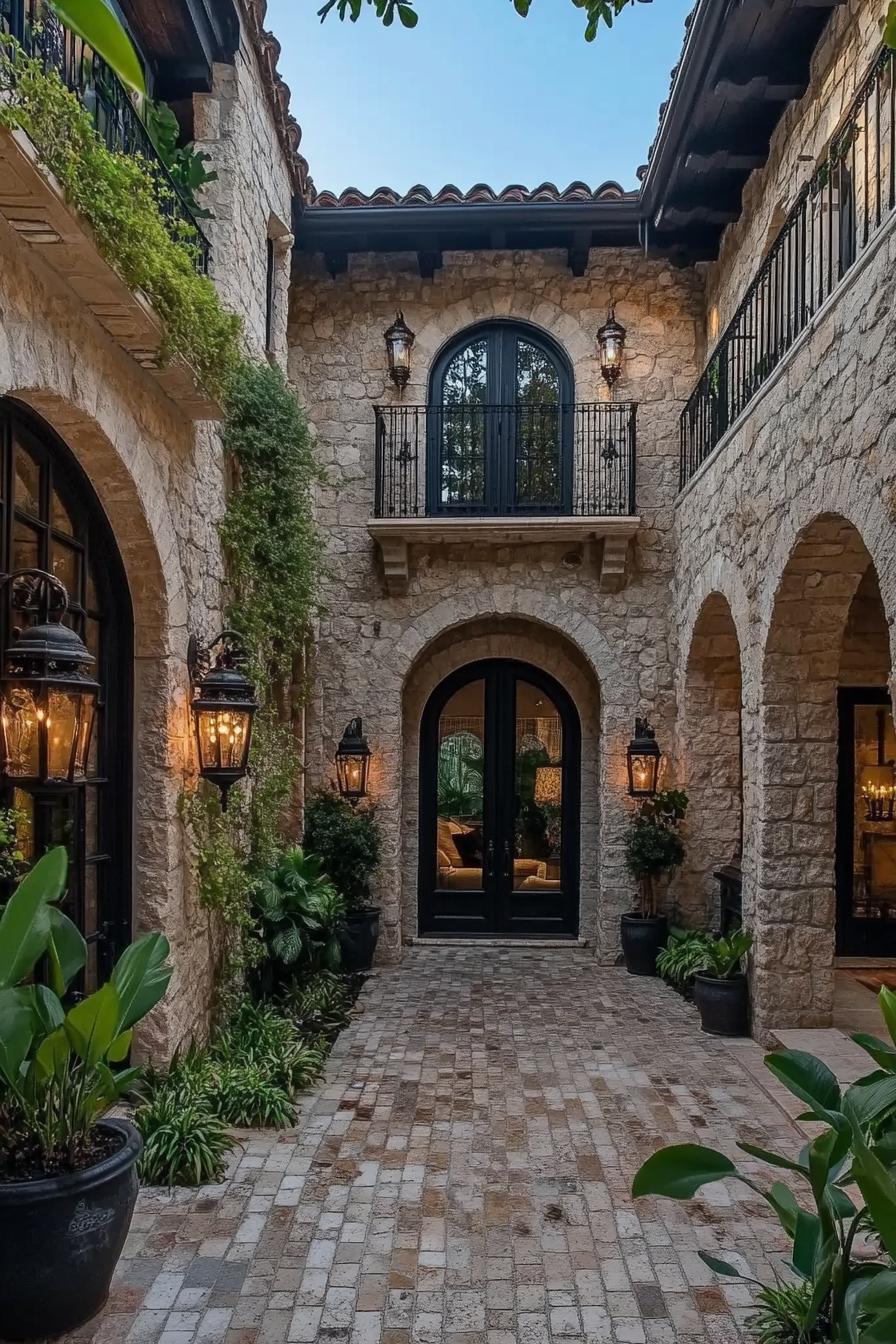 spanish mediterranean house courtyard with stone wall siding arched door but rectangular windows arches stone mosaic paved yard potted plants 1