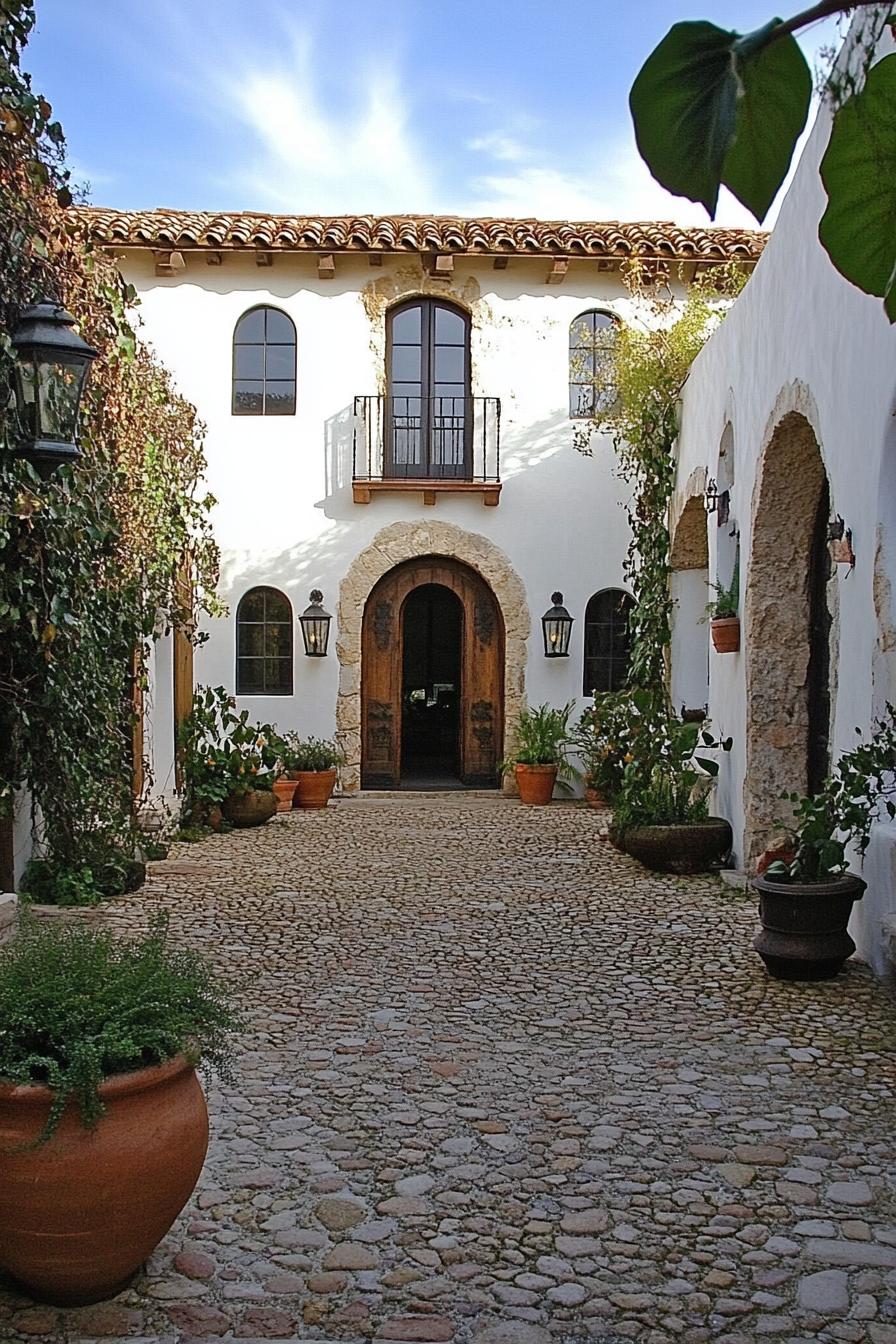 spanish mediterranean house courtyard with stone wall siding arched door but rectangular windows arches stone mosaic paved yard potted plants 2