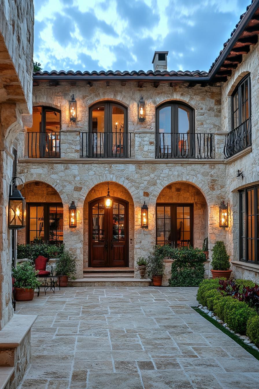 spanish mediterranean house courtyard with stone wall siding arched door but rectangular windows arches stone mosaic paved yard potted plants 3