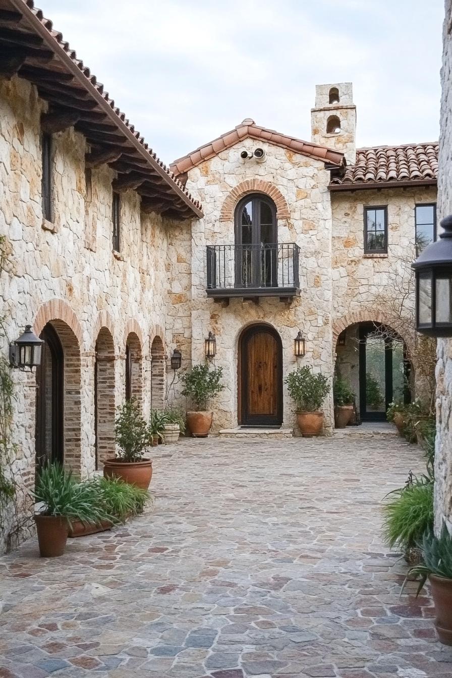 spanish mediterranean house courtyard with stone wall siding arched door but rectangular windows arches stone mosaic paved yard potted plants