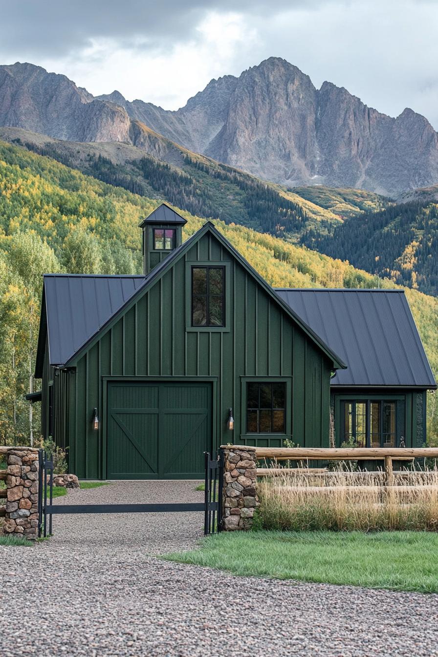 tall barn style mountain house with dark moss green siding black metal roof with tall pitch high barn door in dark green color gravel front yard 1