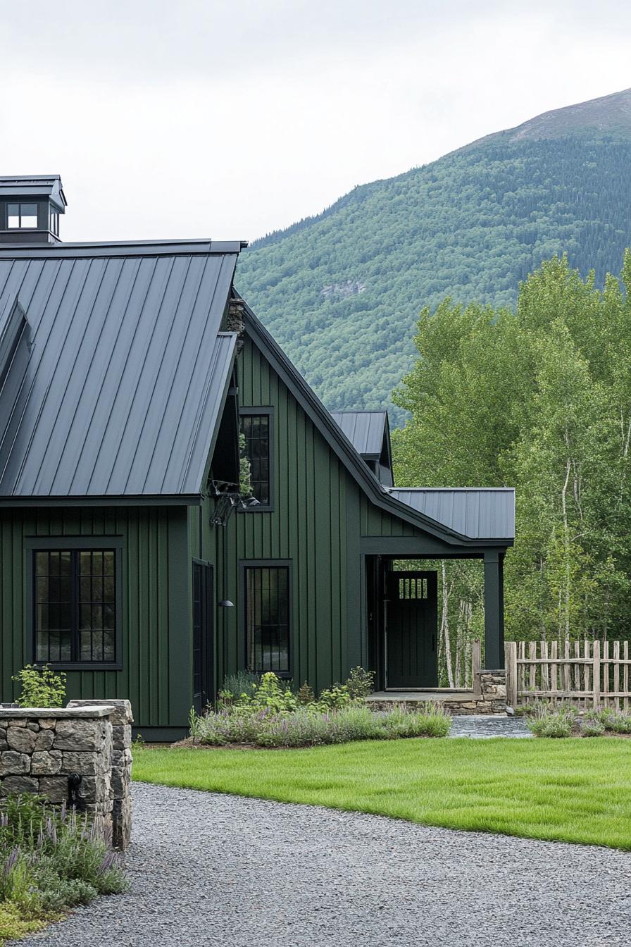 tall barn style mountain house with dark moss green siding black metal roof with tall pitch high barn door in dark green color gravel front yard 2