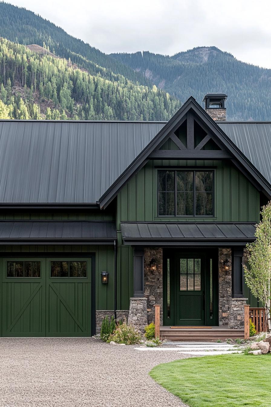 tall barn style mountain house with dark moss green siding black metal roof with tall pitch high barn door in dark green color gravel front yard 3