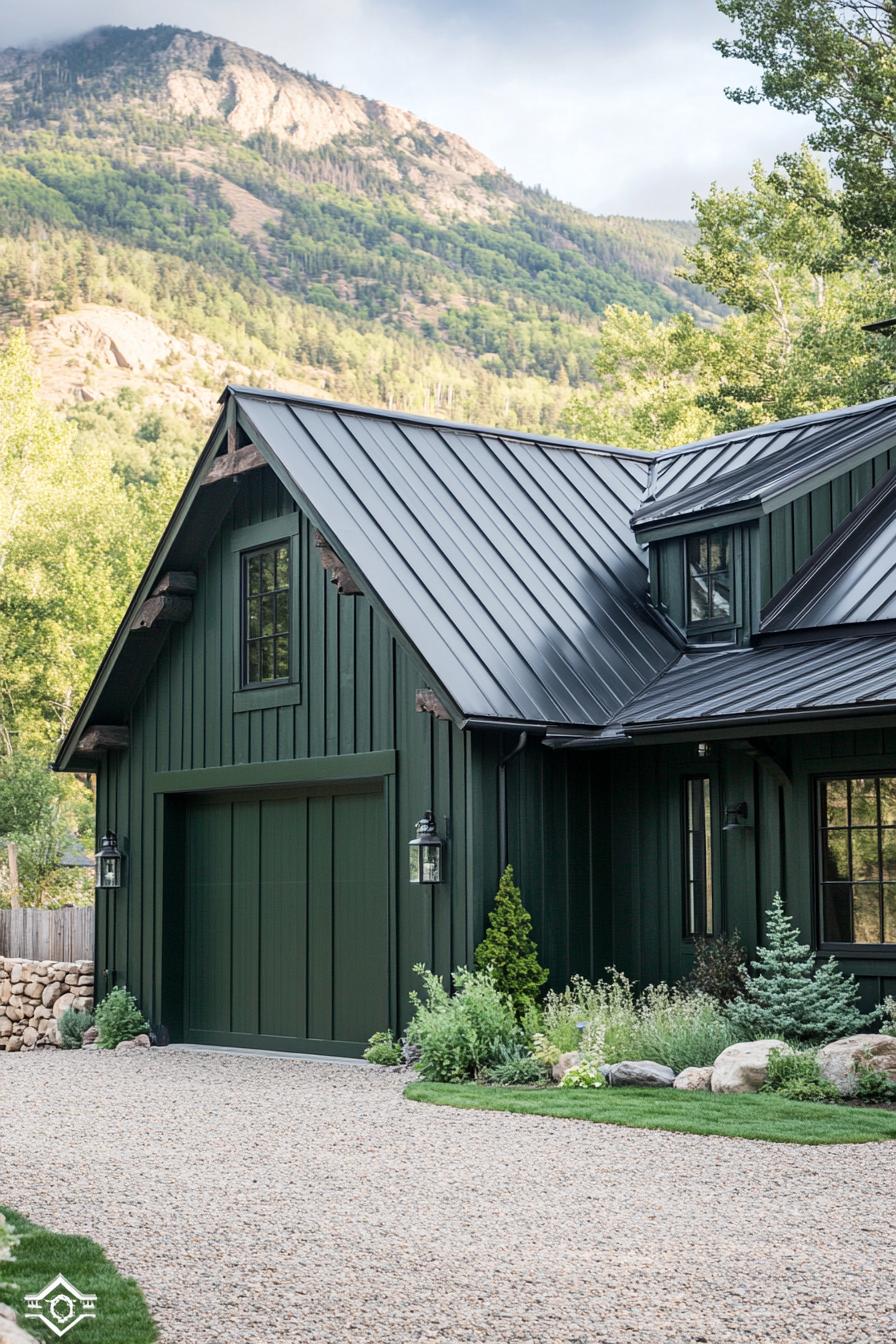 tall barn style mountain house with dark moss green siding black metal roof with tall pitch high barn door in dark green color gravel front yard