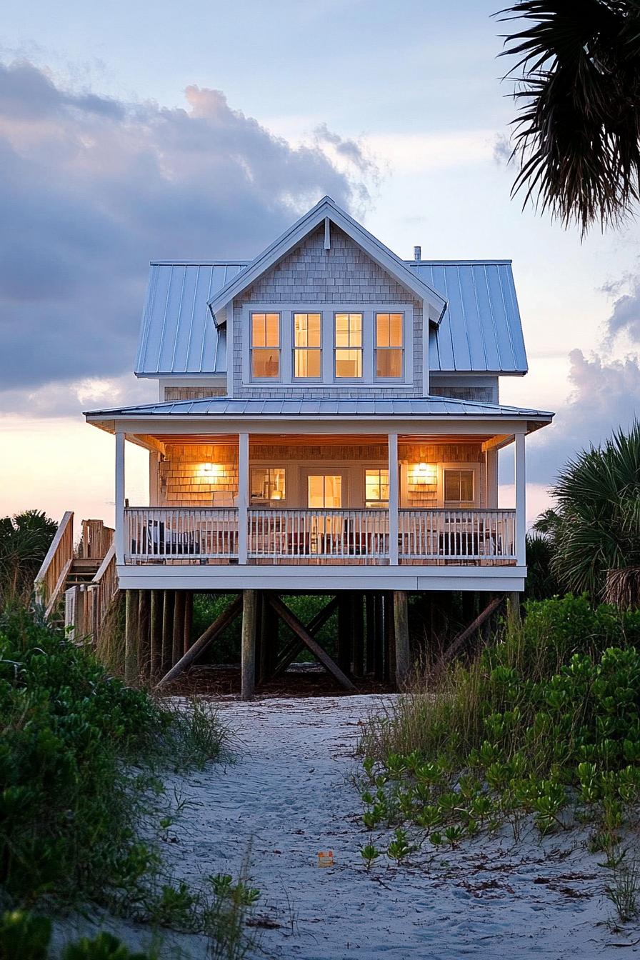 tiny cottage style beachfront house on stilts clapboard siding