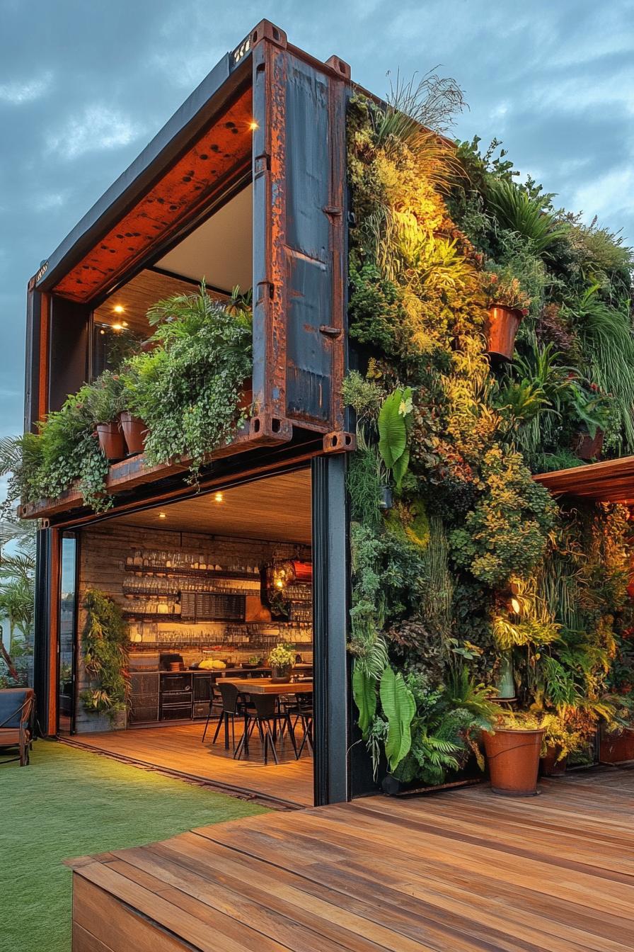 upcycled shipping container house with vertical garden