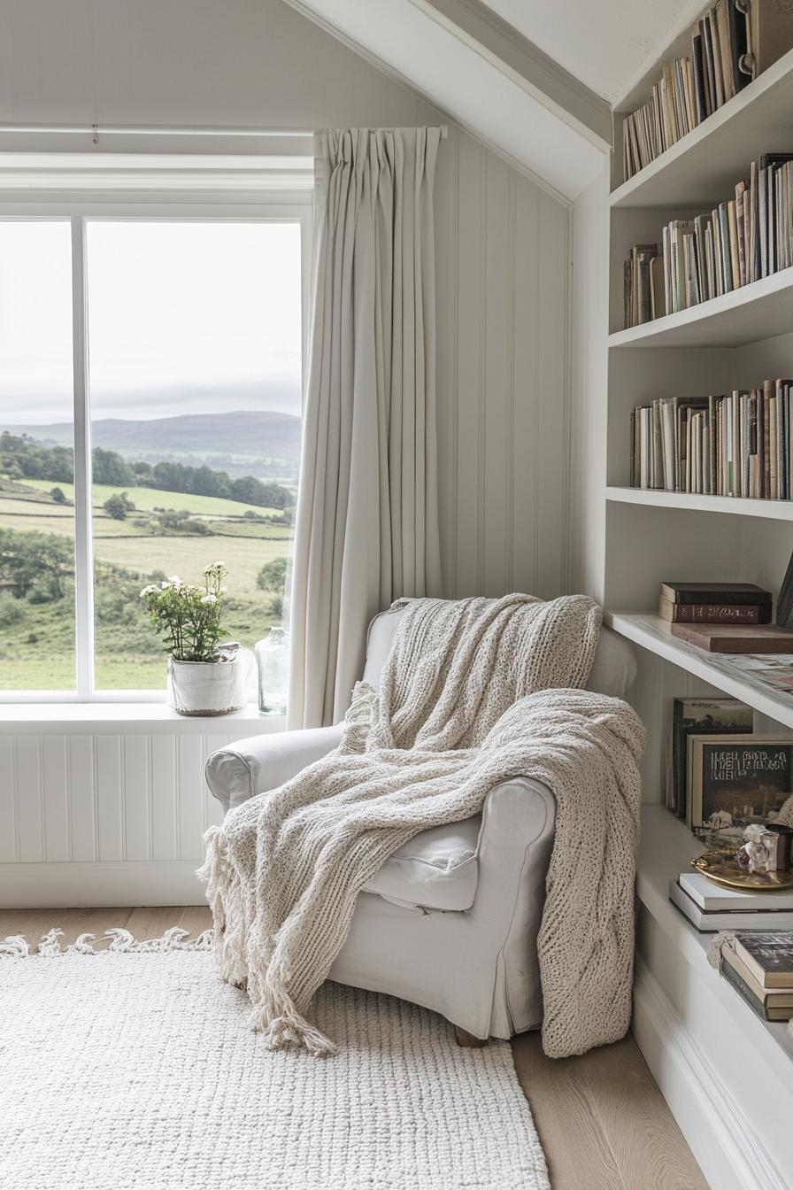 Cozy armchair with blanket next to bookshelves and window with mountain view