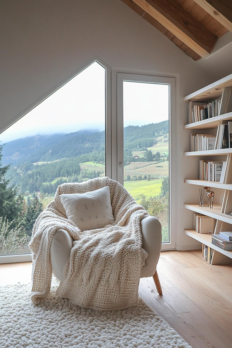 Cozy nook with armchair, blanket, and books in a wooden mountain home