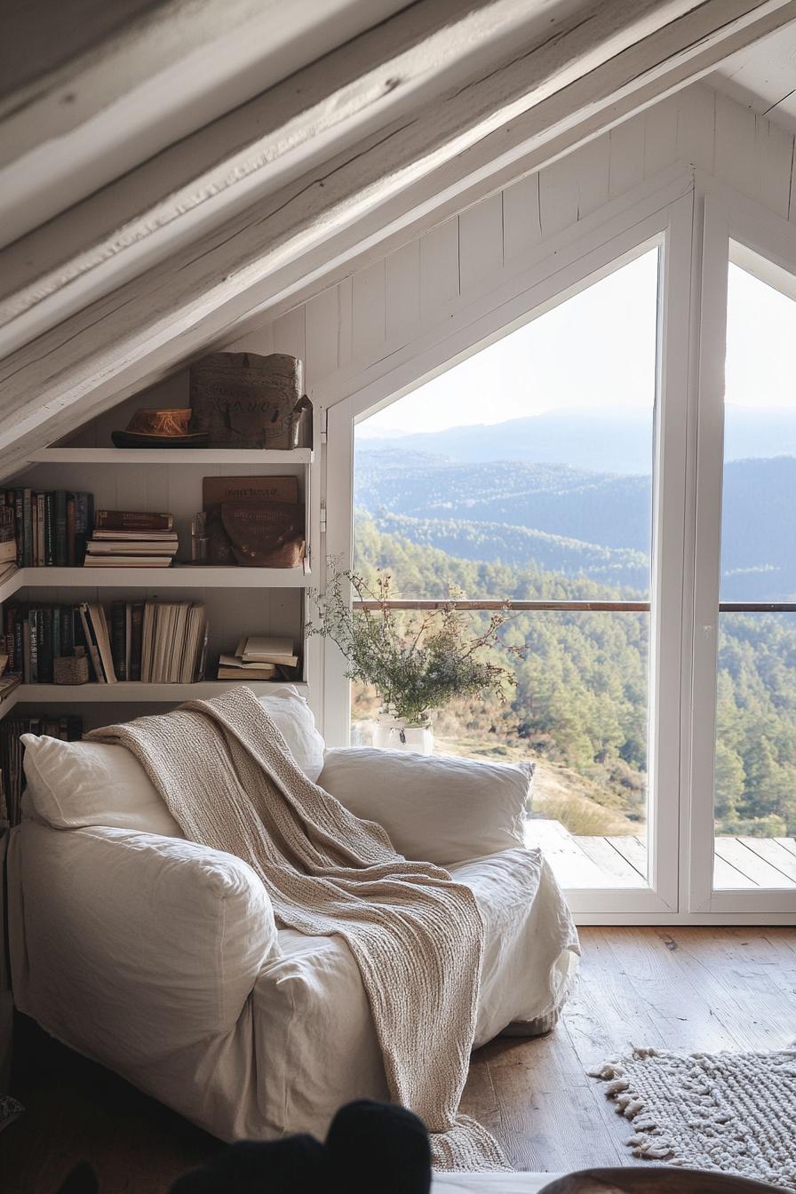 Cozy reading nook with a stunning mountain view