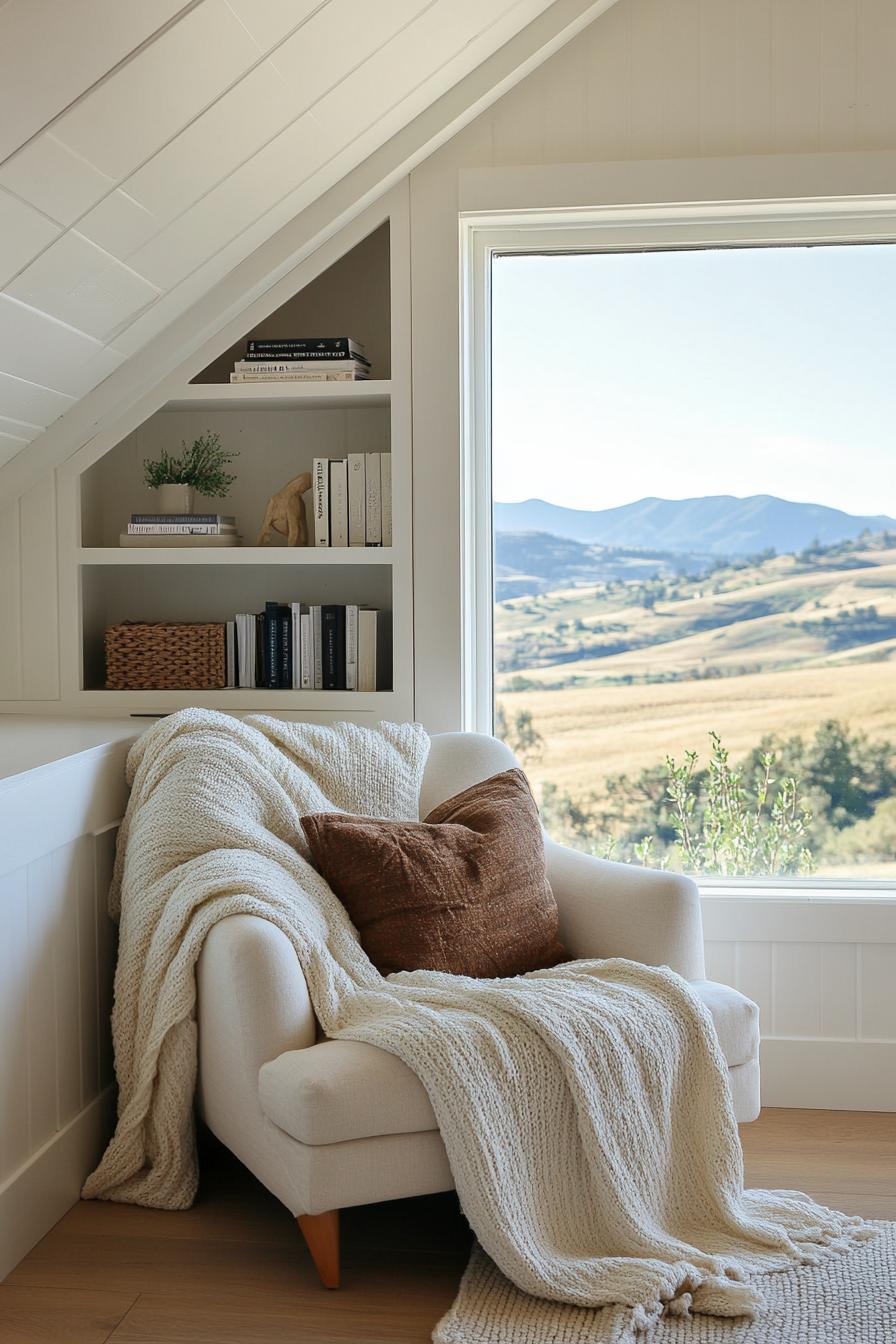 Cozy chair by a large window with mountain view