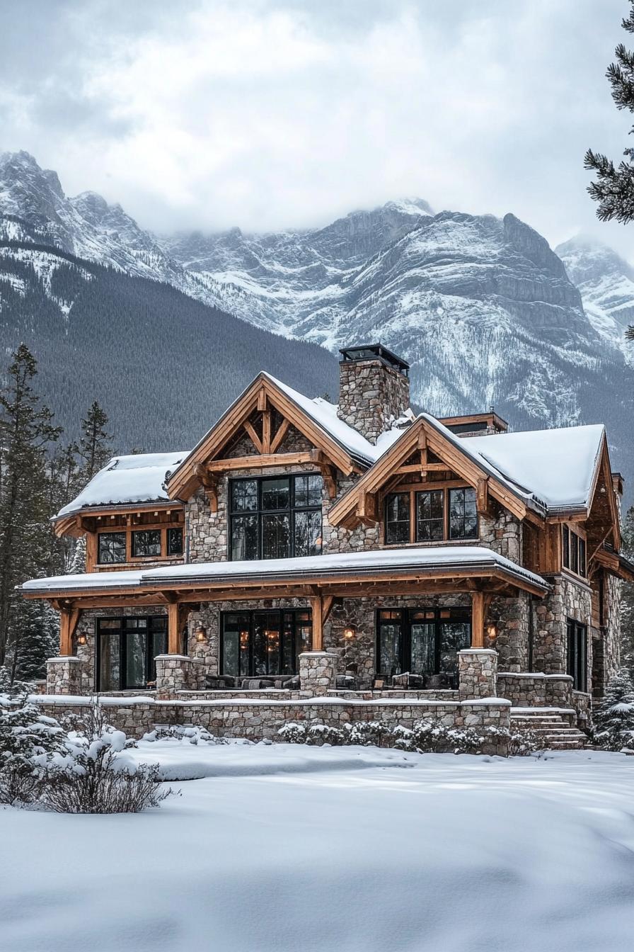 winter wonderland mountain mansion with stone foundations and wooden facade multi pitched roof snowed in yard stunning mountains in the background