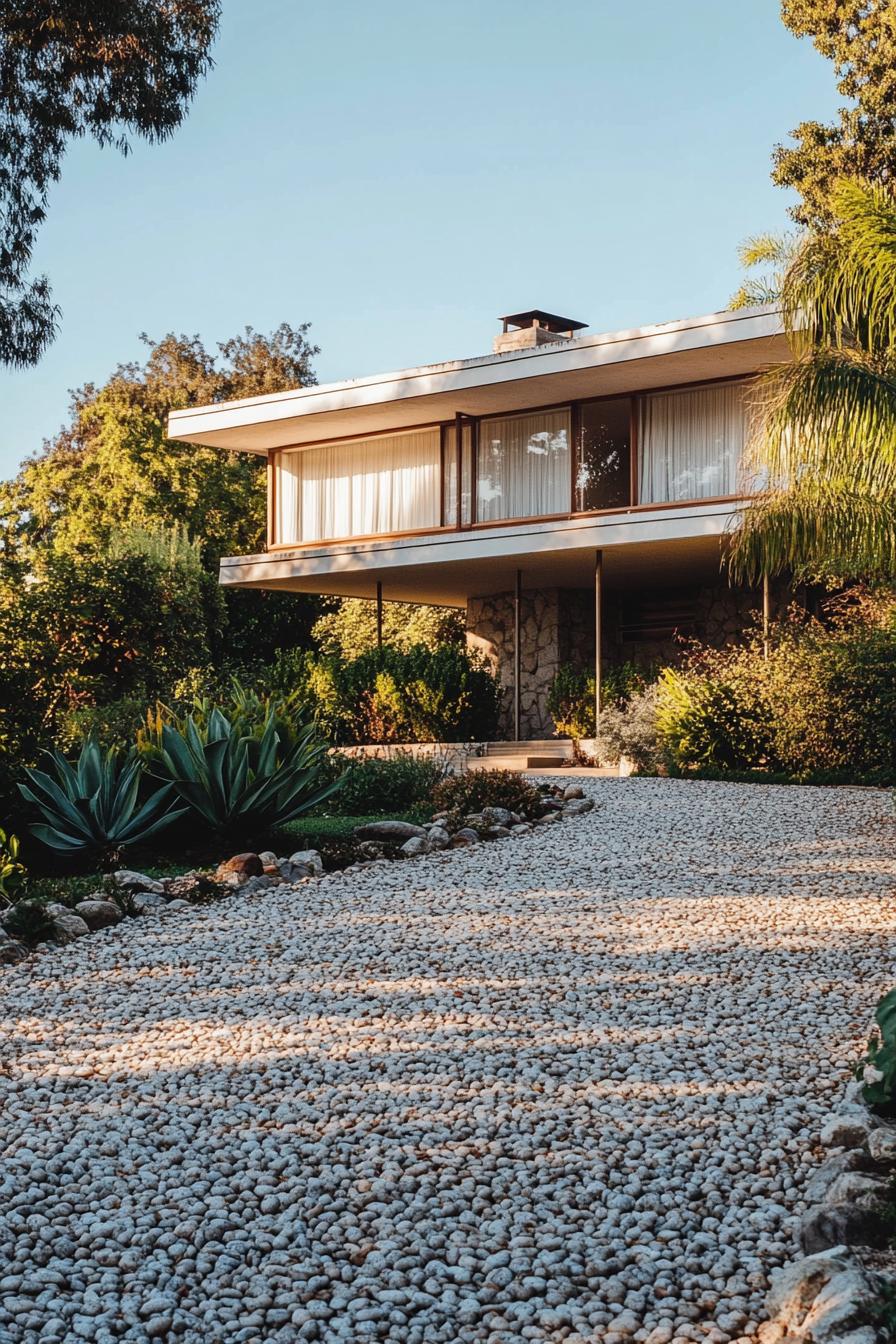 70s midcentury house facade front yard with pebble driveway lined with shrubs 1