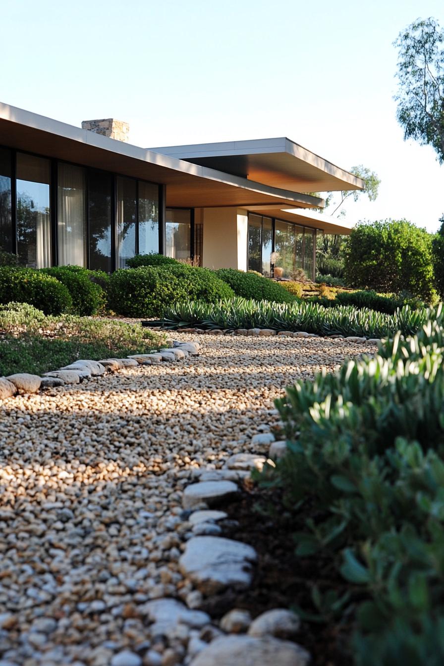 70s midcentury house facade front yard with pebble driveway lined with shrubs 2