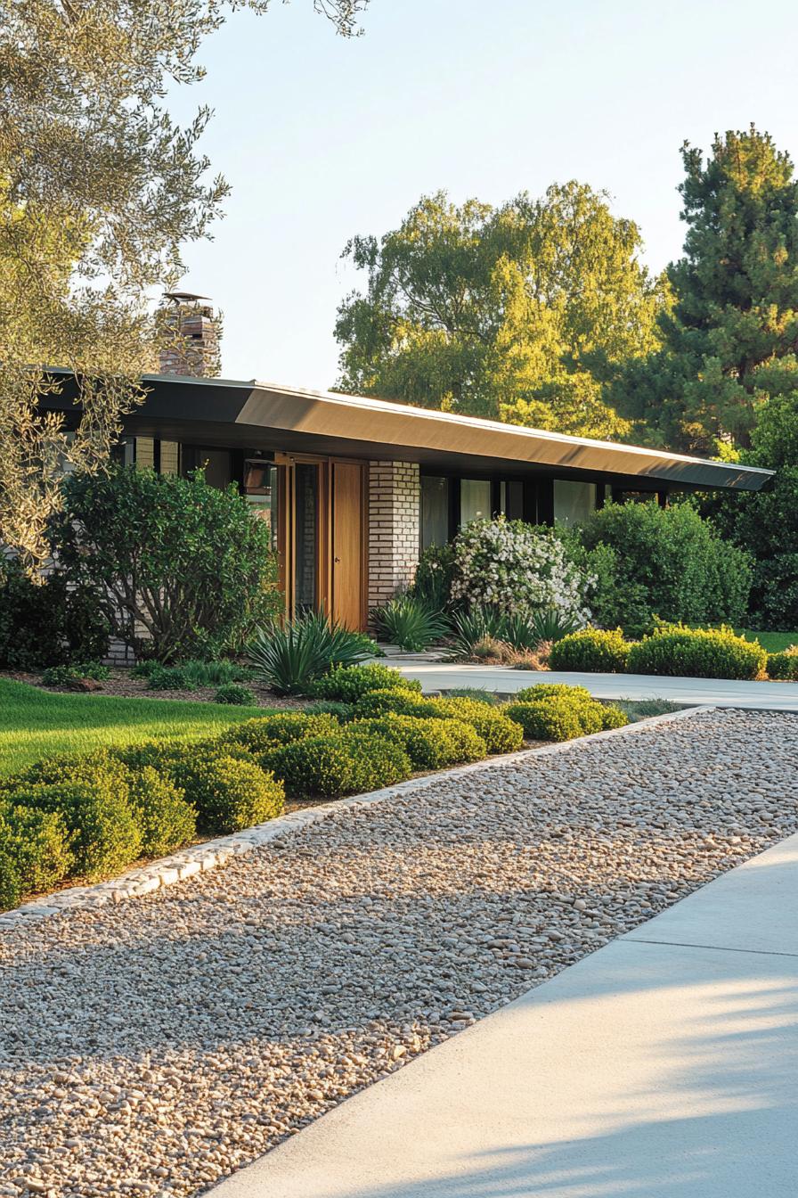 70s midcentury house facade front yard with pebble driveway lined with shrubs 3