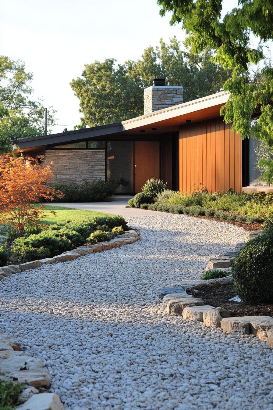 70s midcentury house facade front yard with pebble driveway lined with shrubs