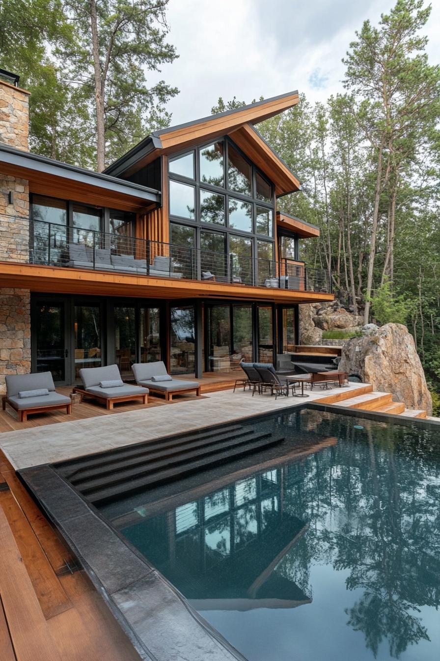 A modern house with large floor to ceiling glass windows and a combination of wooden and stone exterior finishes. The house has a multi level 1