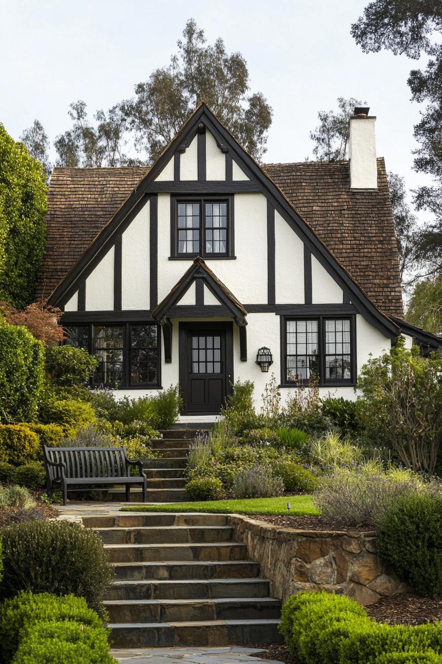 English cottage house white stucco facade dark roof dark wooden gambrel detailing on a small hill with steps leading to the front yard with shrubs and a garden bench 1