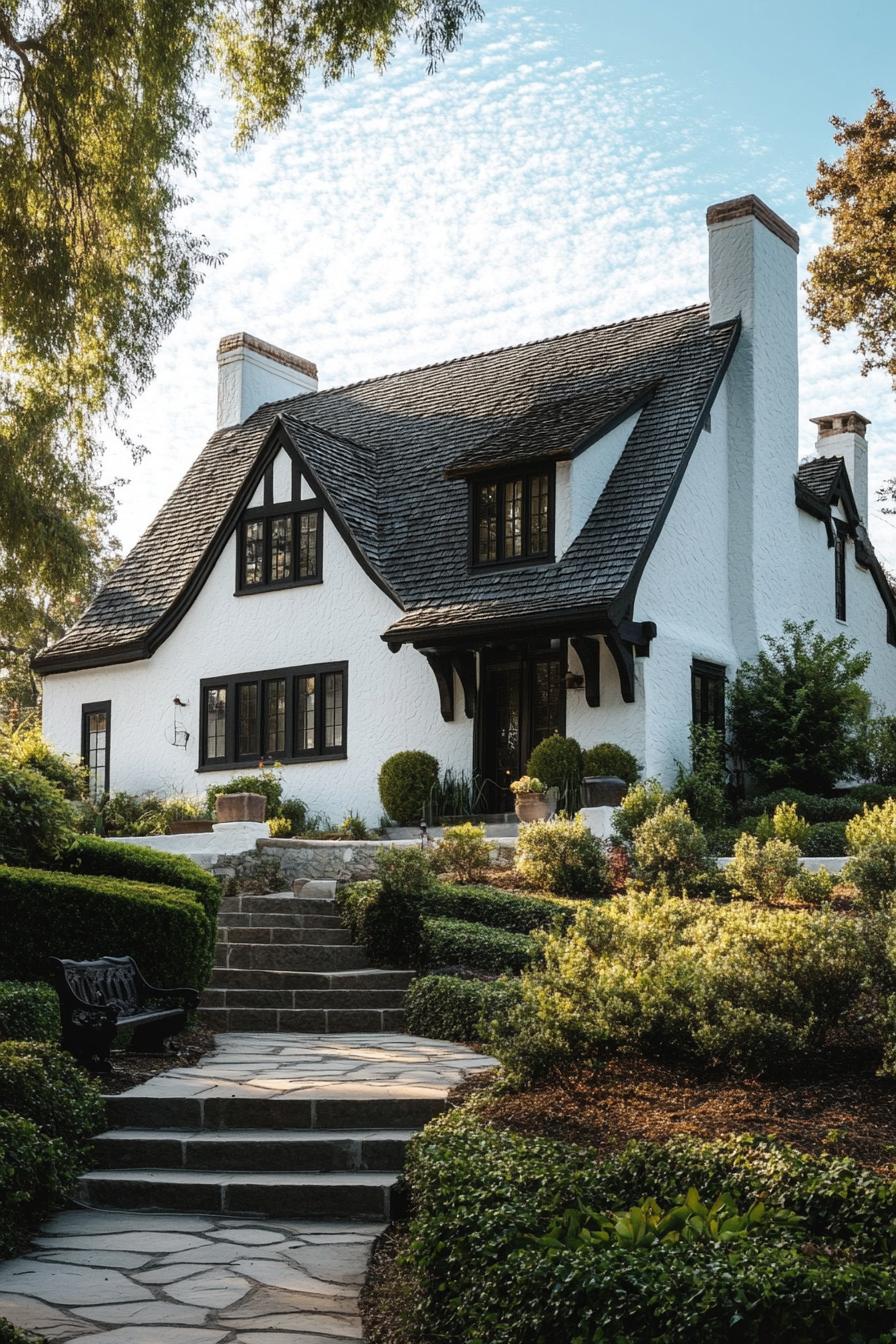 English cottage house white stucco facade dark roof dark wooden gambrel detailing on a small hill with steps leading to the front yard with shrubs and a garden bench 2