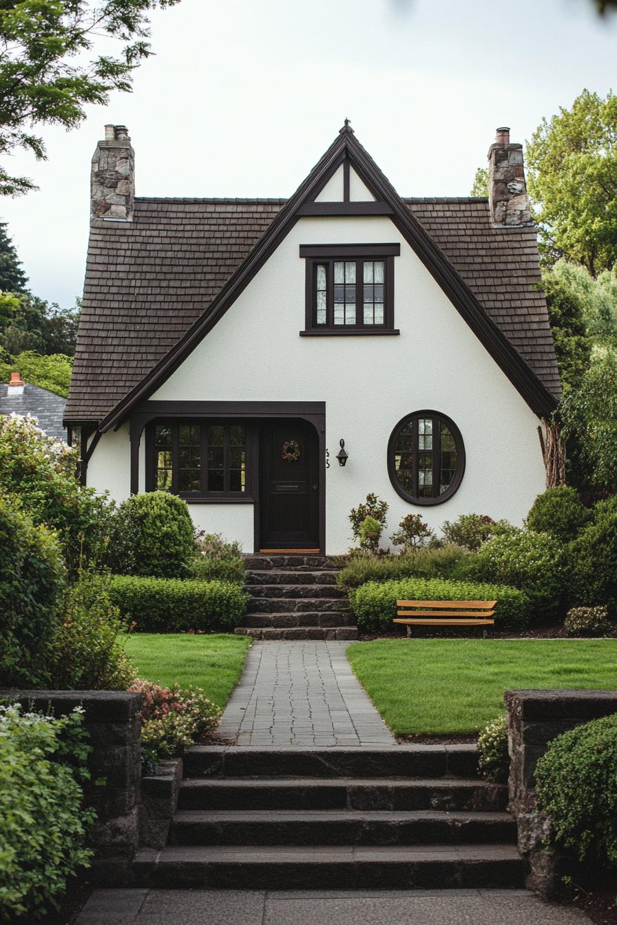 English cottage house white stucco facade dark roof dark wooden gambrel detailing on a small hill with steps leading to the front yard with shrubs and a garden bench 3