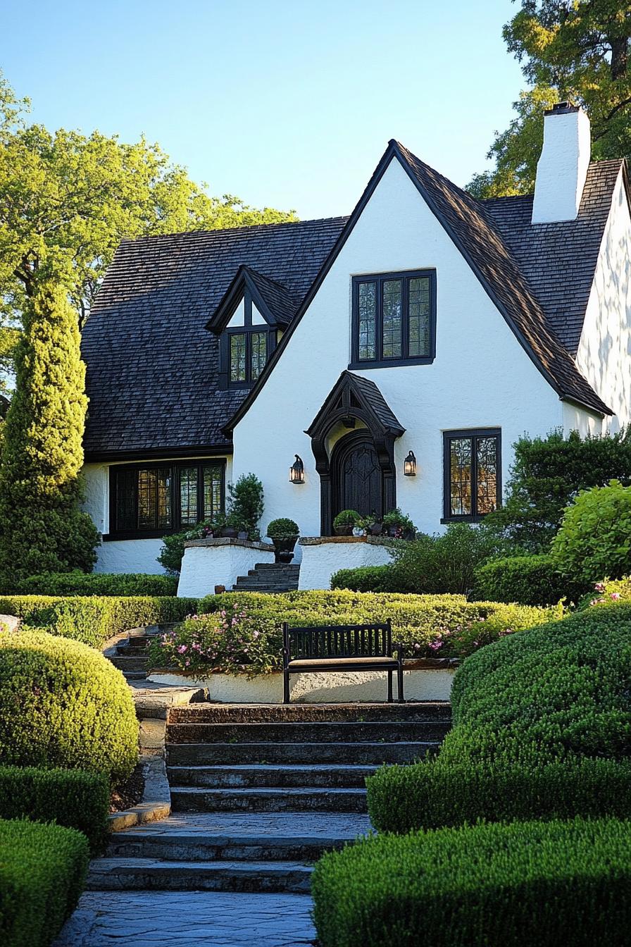 English cottage house white stucco facade dark roof dark wooden gambrel detailing on a small hill with steps leading to the front yard with shrubs and a garden bench