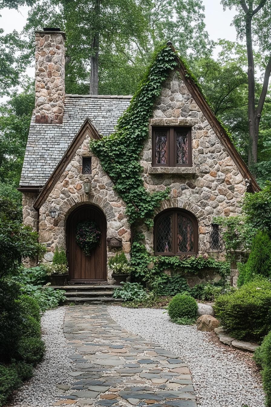 English country cottage with mosaic stone facade arched door with vines chimney paved stone path on gravel 1