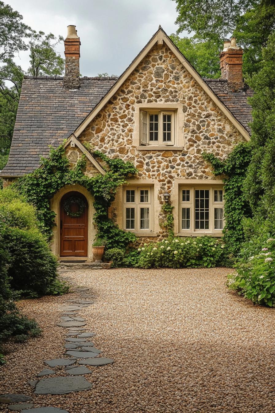 English country cottage with mosaic stone facade arched door with vines chimney paved stone path on gravel 2